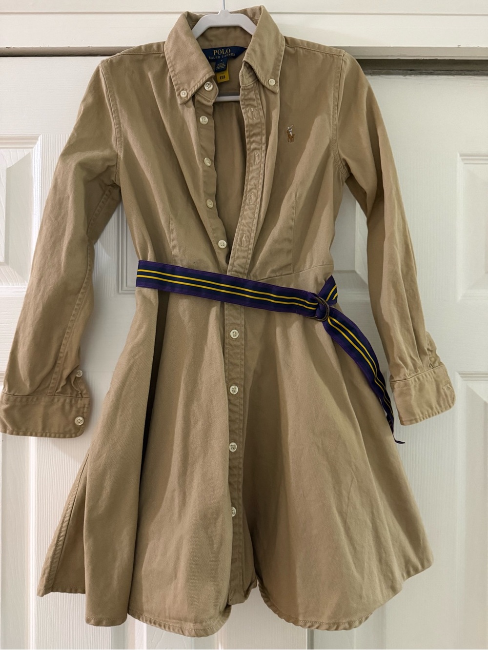 💙 Polo by Ralph Lauren Khaki Button-Front Shirt Dress with Striped Belt 💙